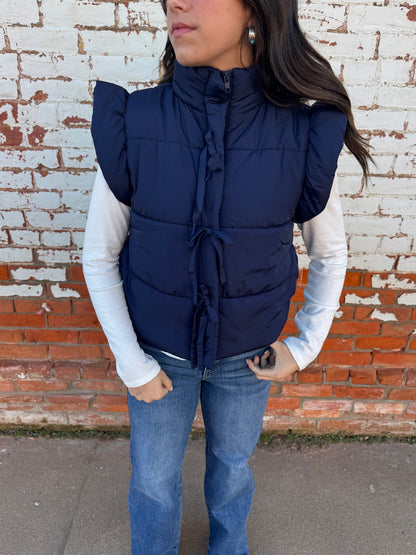 FLUTTER SLEEVE BOW PUFFER VEST