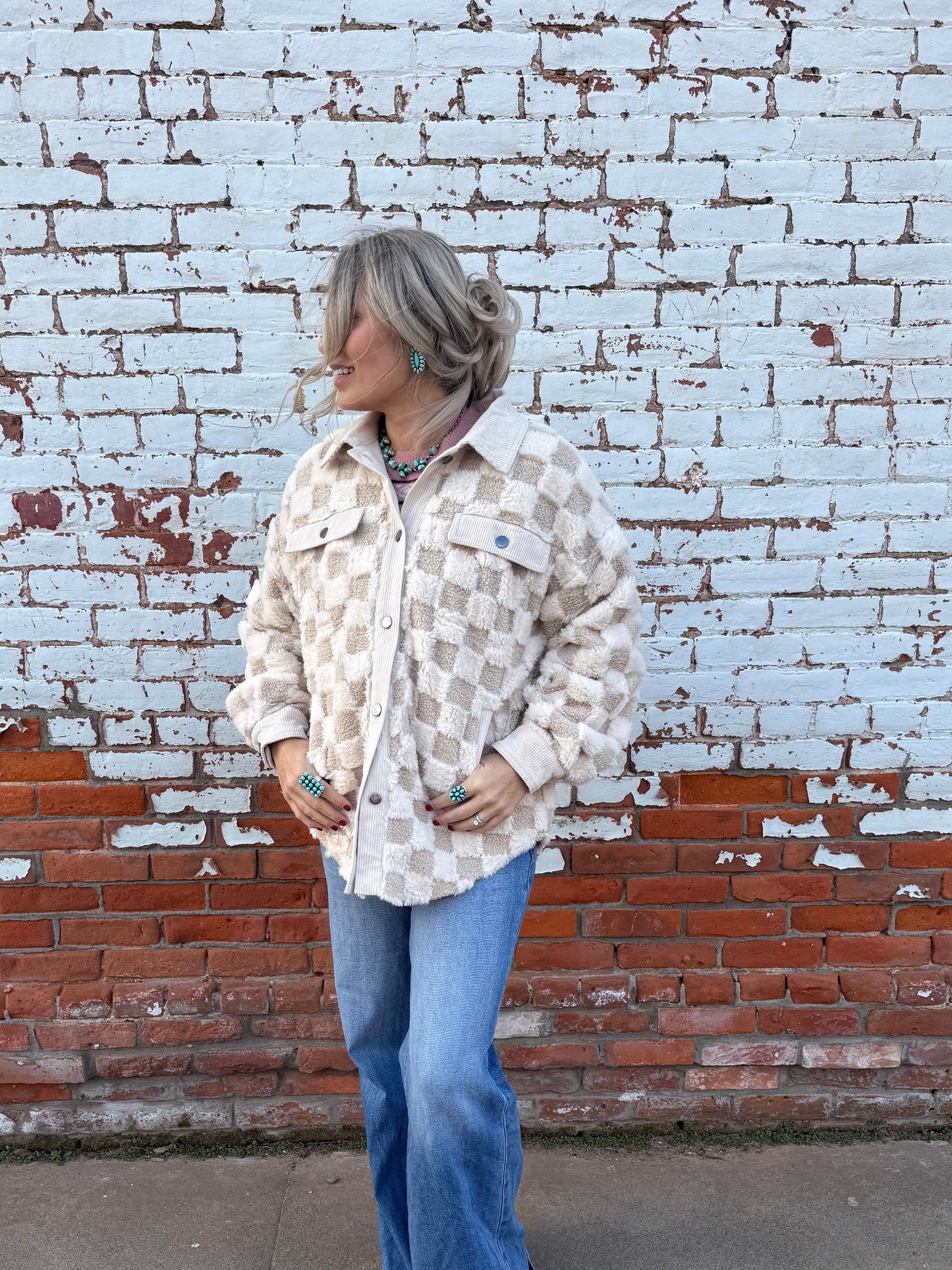 CHECKERED FAUX SHEARLING SHACKET