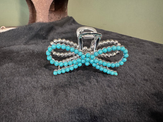 FAUX TURQUOISE BOW CLAW CLIP