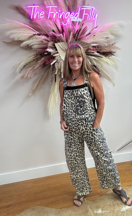 STACIE-LEOPARD PRINT BARREL LEG OVERALLS