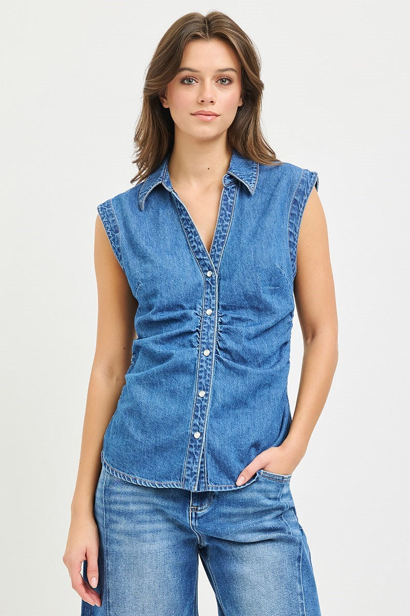 THE TRACI SLEEVELESS DENIM TOP