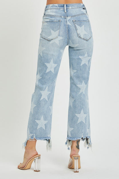HIGH RISE STAR PRINTED STRAIGHT CROP JEANS