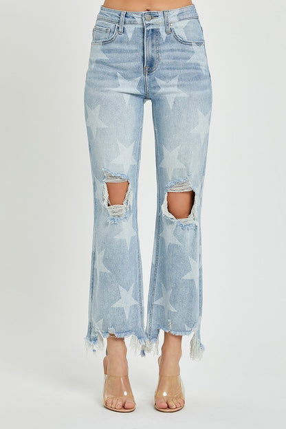 HIGH RISE STAR PRINTED STRAIGHT CROP JEANS
