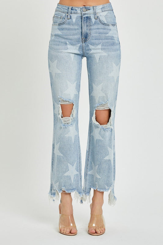 HIGH RISE STAR PRINTED STRAIGHT CROP JEANS