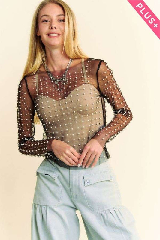 PLUS PEARL RHINESTONE MESH TOP