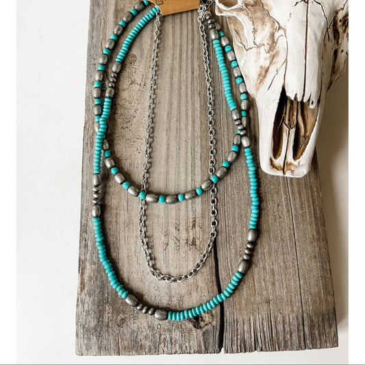 NAVAJO STYLE PEARL AND STONE LAYERED NECKLACE