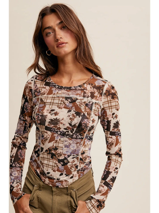 FLORAL PATCHWORK LONG SLEEVE MESH