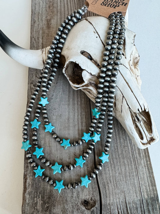 3 LAYERED NAVAJO STYLE PEARL WITH STAR STONE NECKLACE