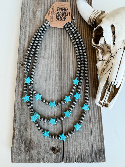 3 LAYERED NAVAJO STYLE PEARL WITH STAR STONE NECKLACE