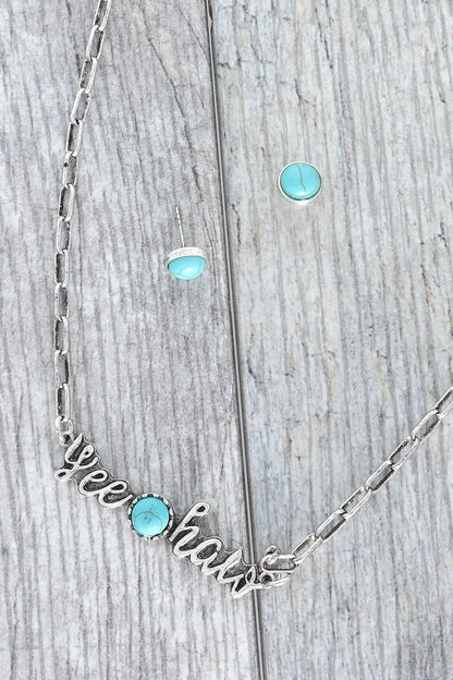 "YEEHAW" TURQUOISE SEMI STONE PENDANT CHAIN NECKLACE SET