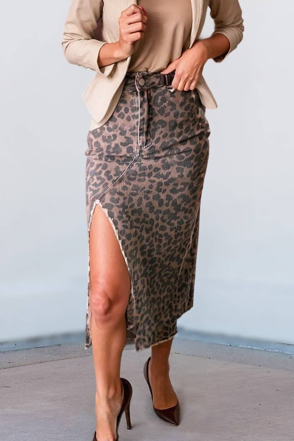 EMMA LEOPARD SPLIT DENIM MIDI SKIRT