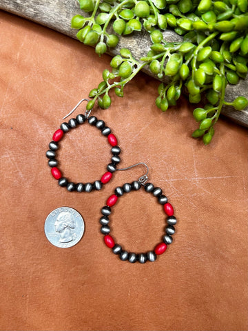 RED BEAD AND FAUX NAVAJO PEARL EARRINGS